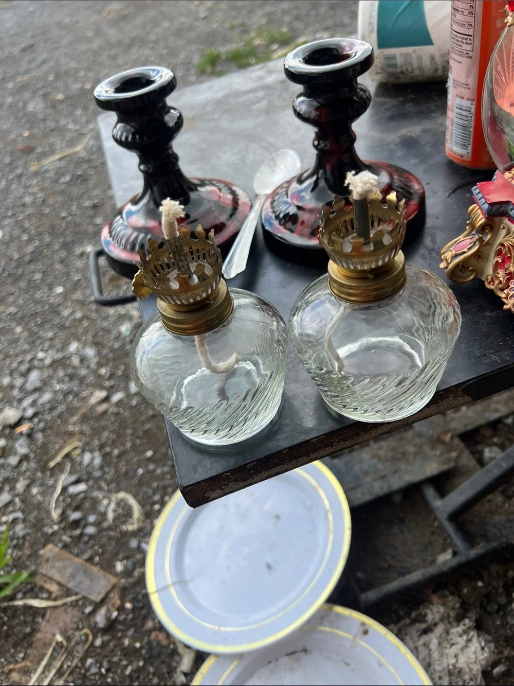 Vintage Clear Glass Oil Lamps with Brass Crowns - Set of 2